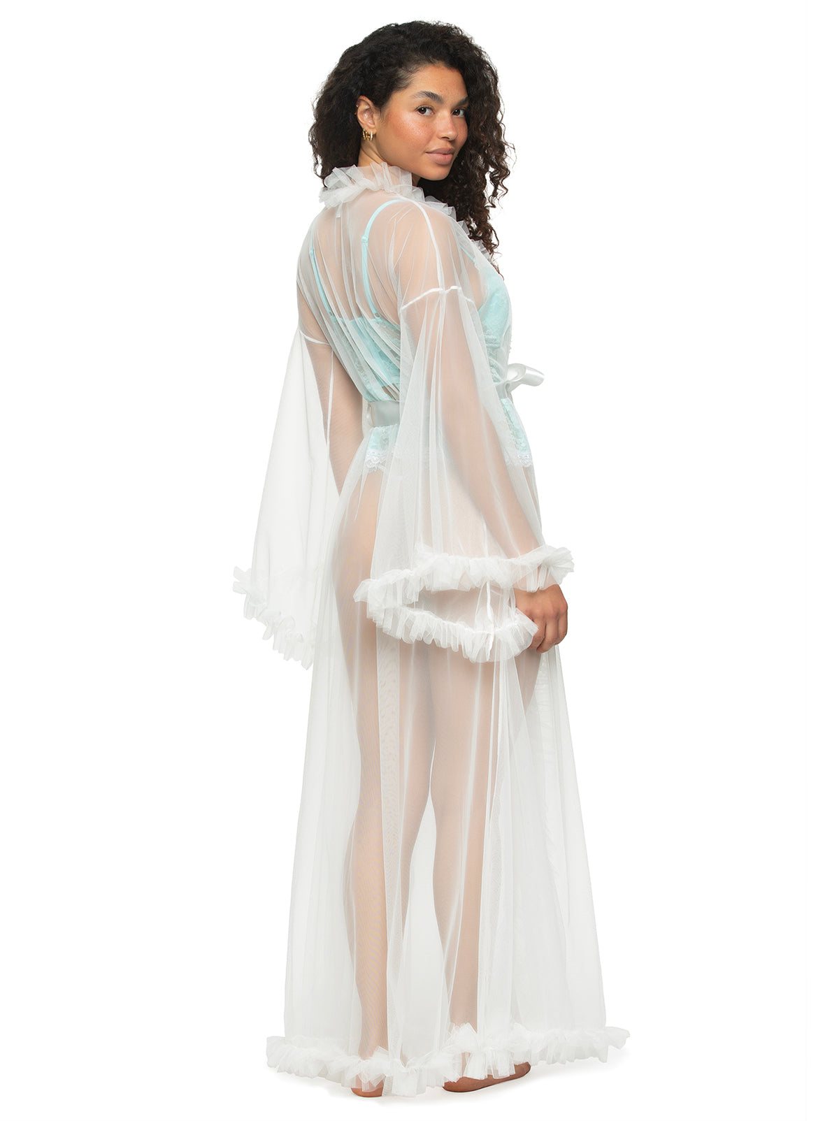 Felina Jezebel by Veil Tulle Ruffle Peignoir Robe - Cloud Dancer