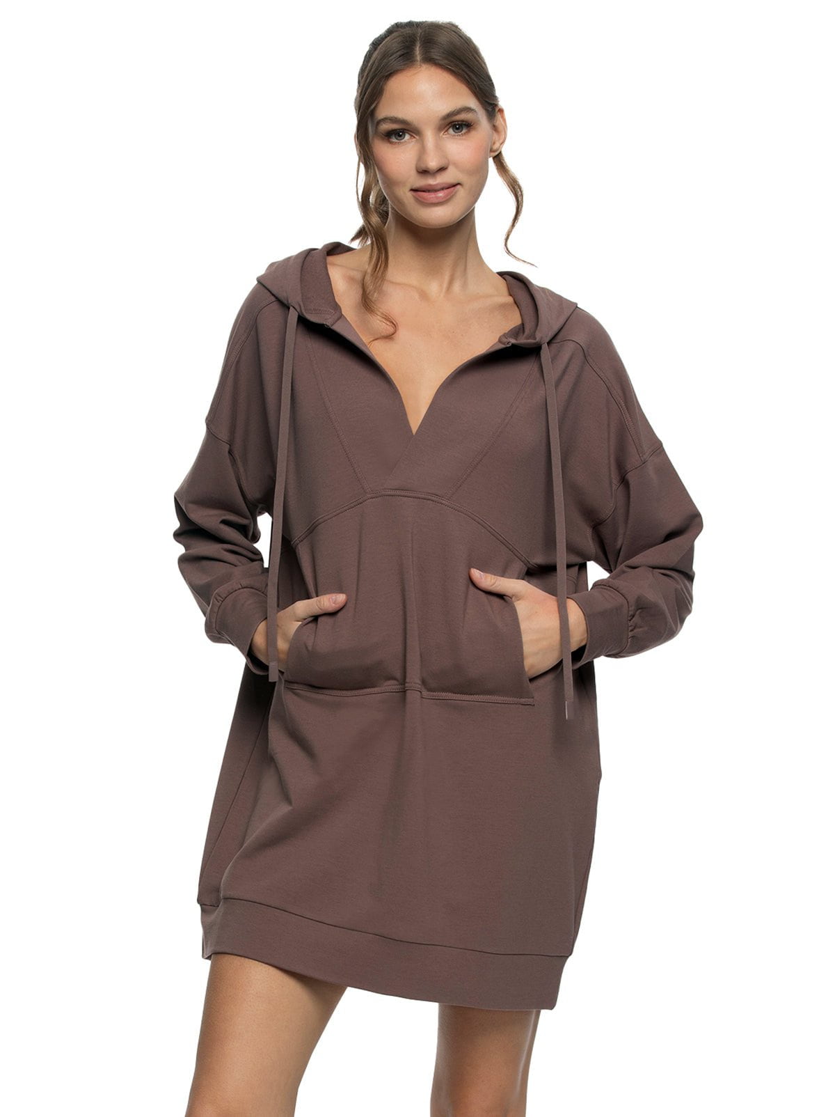 Felina Kimora V-Neck Hoodie Sweatshirt Dress - Deep Taupe