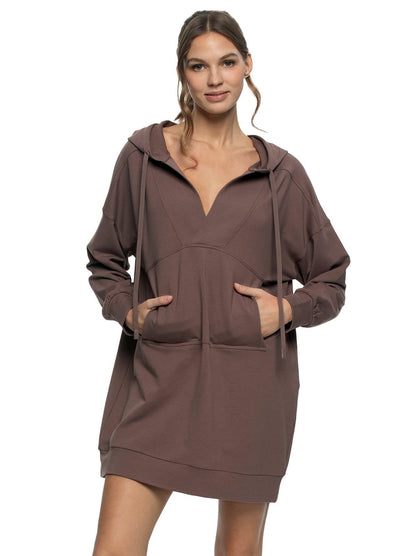 Felina Kimora V-Neck Hoodie Sweatshirt Dress - Deep Taupe