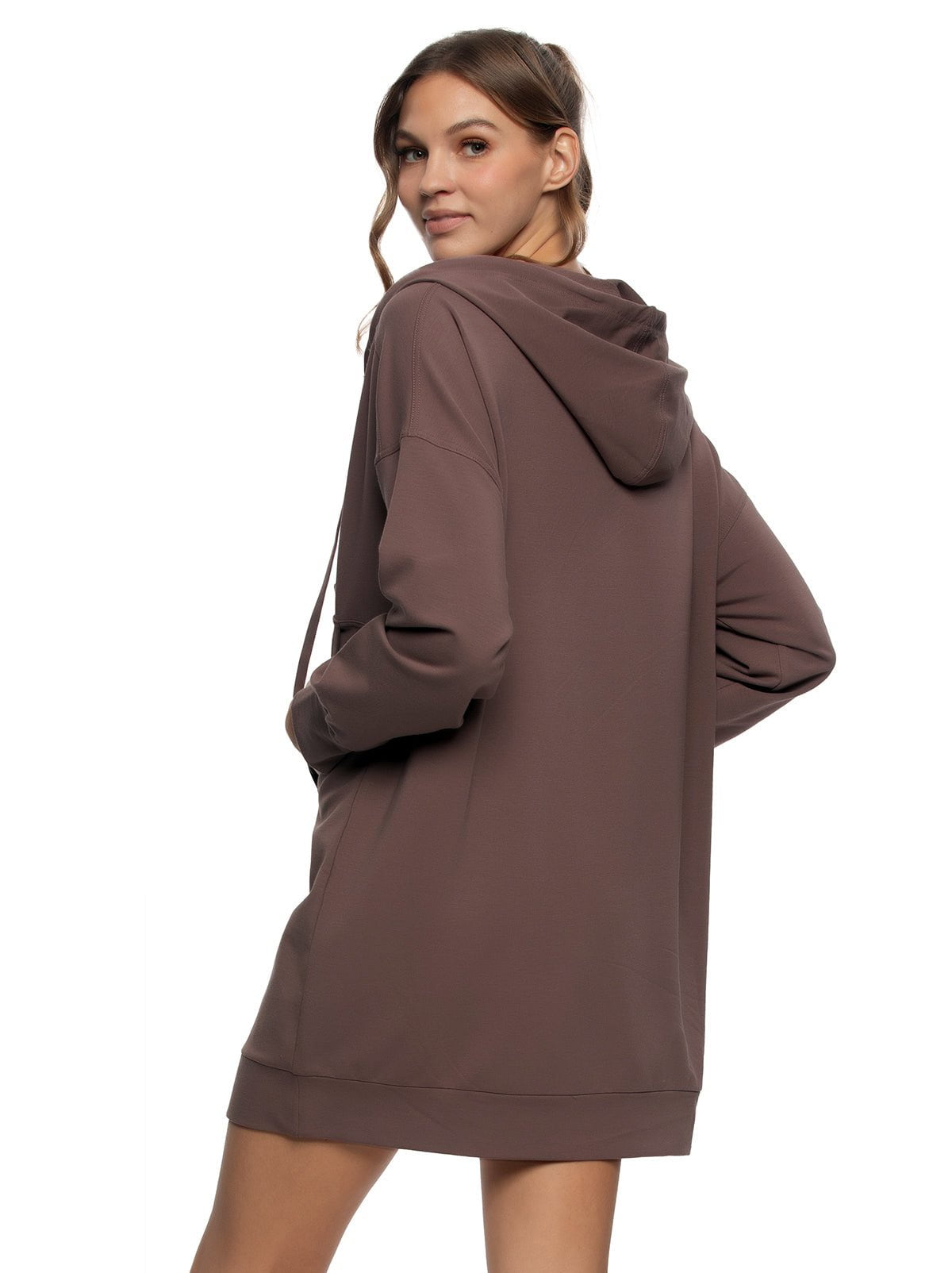 Felina Kimora V-Neck Hoodie Sweatshirt Dress - Deep Taupe