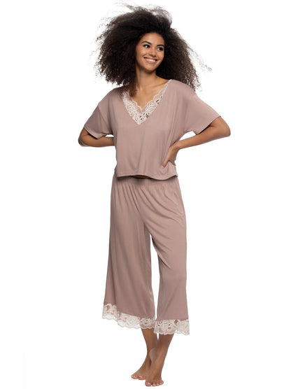 Felina Amelie Vintage Lace Cropped Tee and Pant Set - Dried Petal