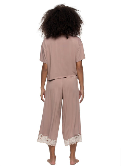 Felina Amelie Vintage Lace Cropped Tee and Pant Set - Dried Petal