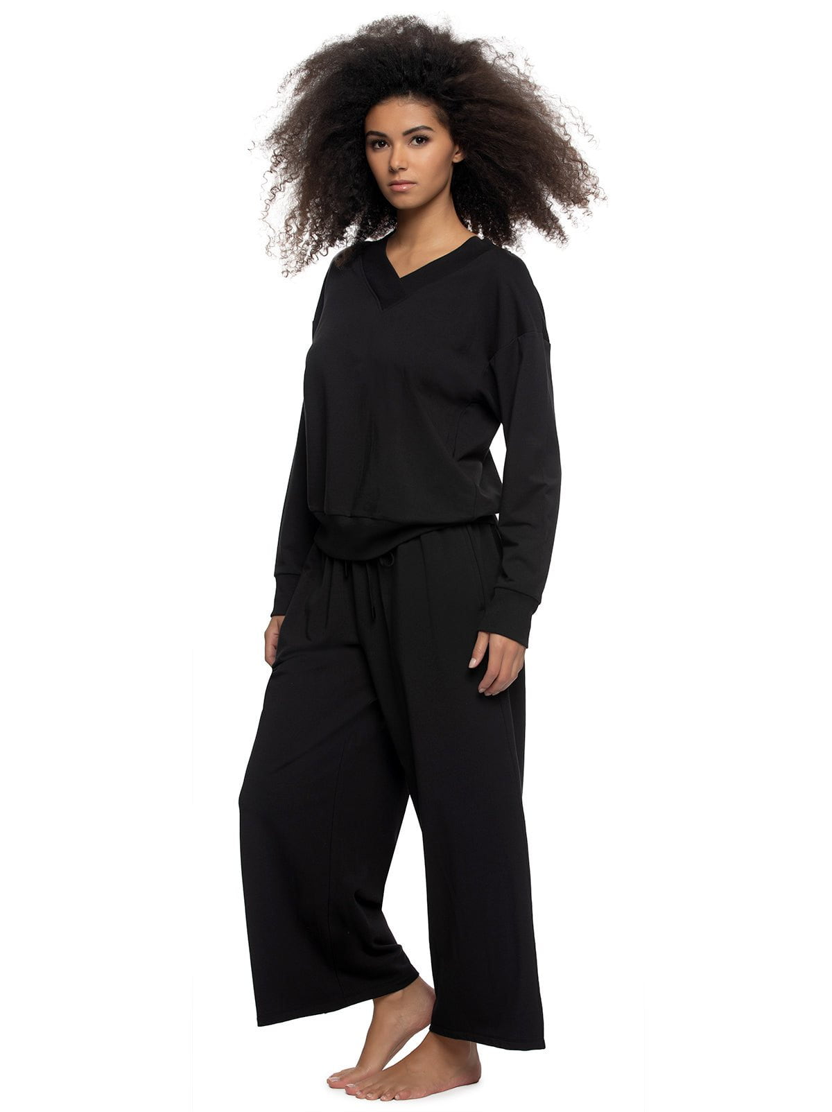 Felina Kimora V-Neck Sweatshirt & Wide Leg Pant - Black