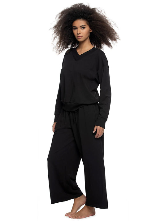 Felina Kimora V-Neck Sweatshirt & Wide Leg Pant - Black