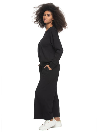 Felina Kimora V-Neck Sweatshirt & Wide Leg Pant - Black