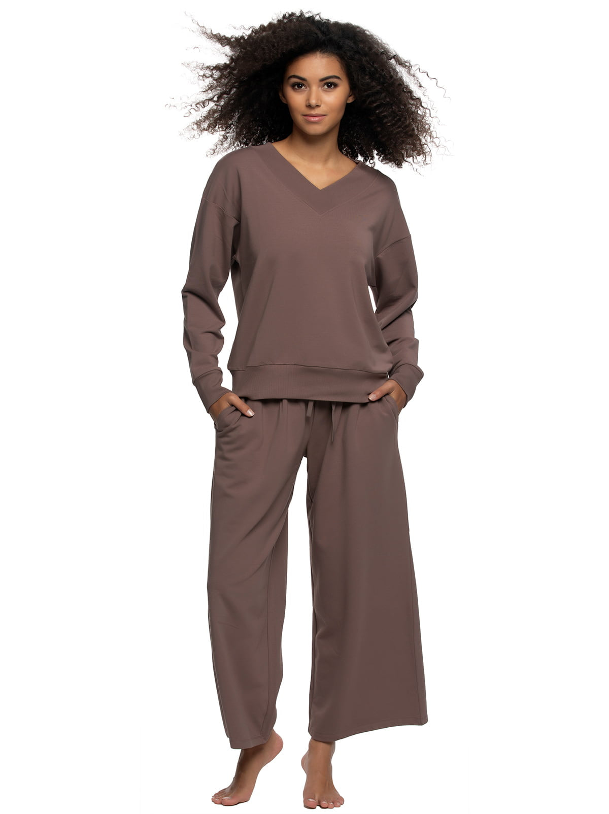 Felina Kimora V-Neck Sweatshirt & Wide Leg Pant - Black