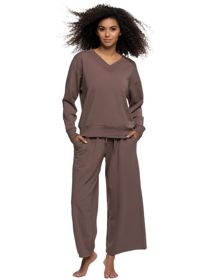 Felina Kimora V-Neck Sweatshirt & Wide Leg Pant - Black