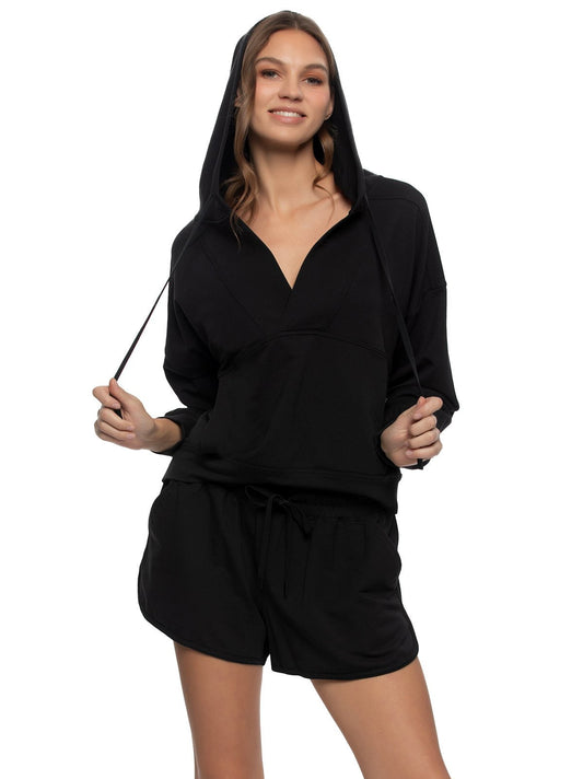 Felina Kimora V-Neck Hoodie Sweatshirt & Shorts Set - Black