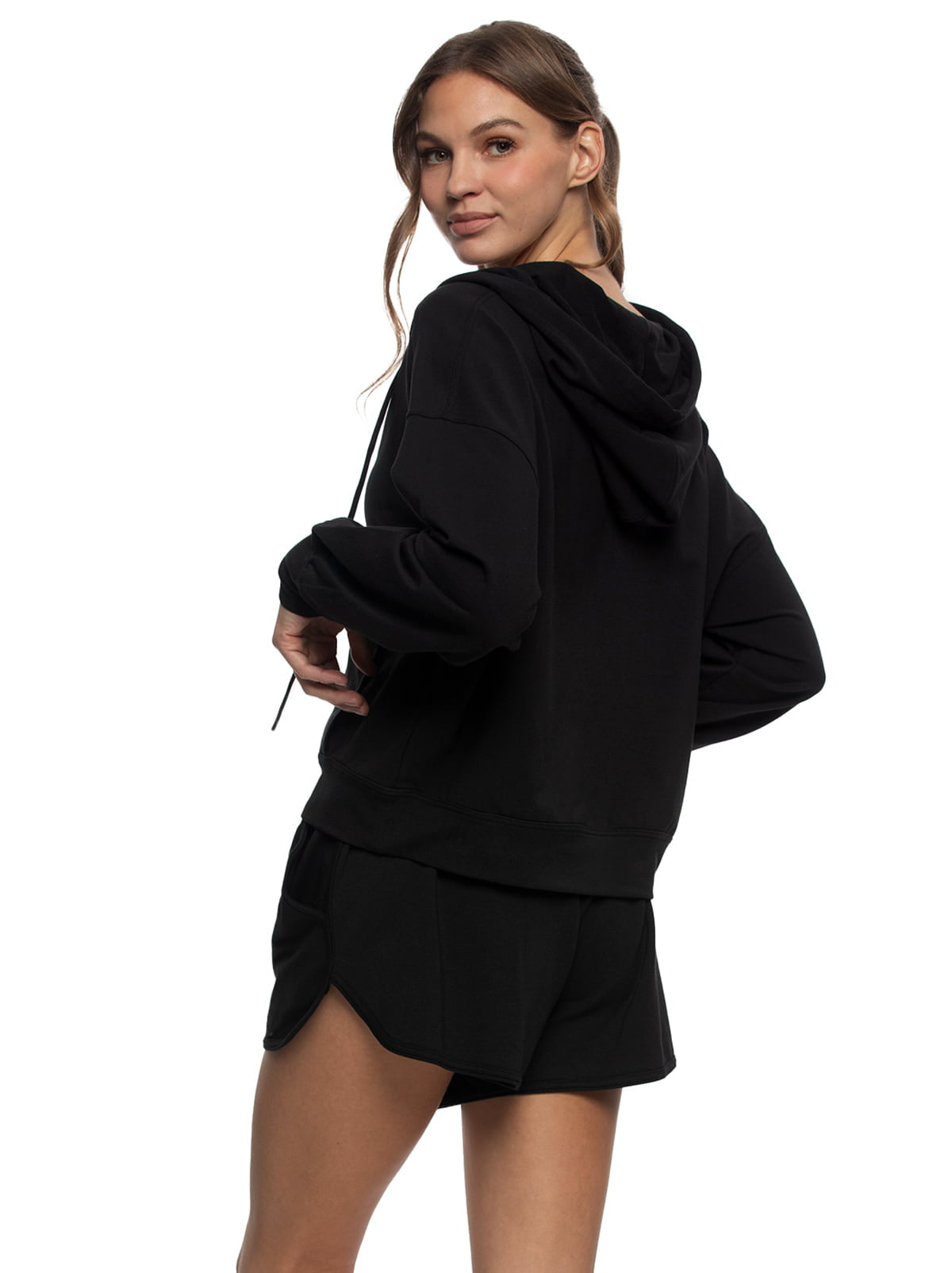 Felina Kimora V-Neck Hoodie Sweatshirt & Shorts Set - Black