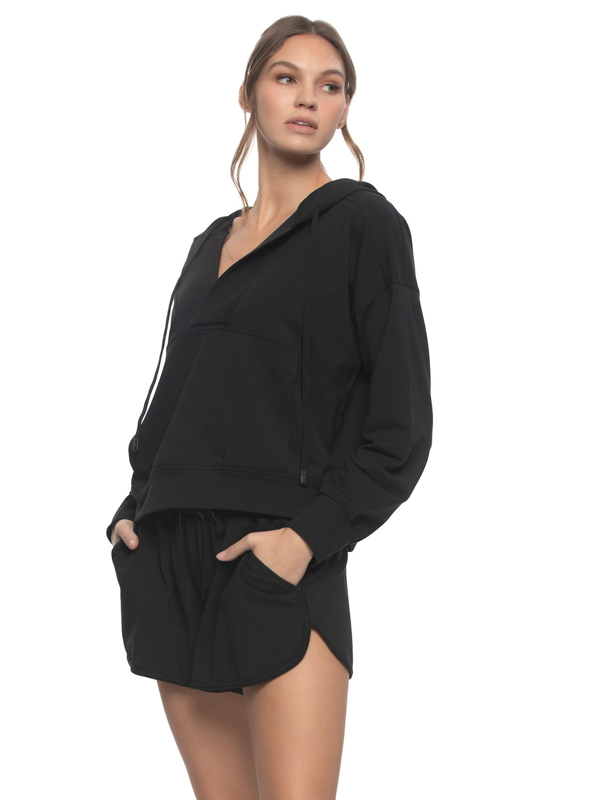 Felina Kimora V-Neck Hoodie Sweatshirt & Shorts Set - Black
