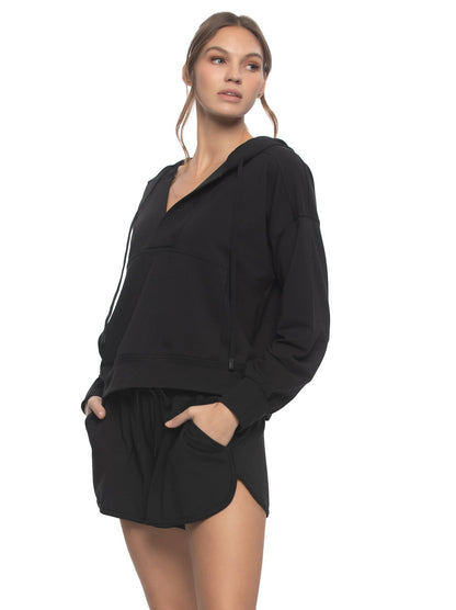 Felina Kimora V-Neck Hoodie Sweatshirt & Shorts Set - Black