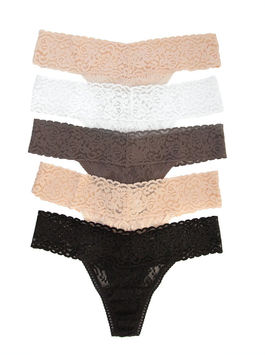 Felina Signature Stretch Lace Low Rise Thong 5-Pack - Cocoa Beans
