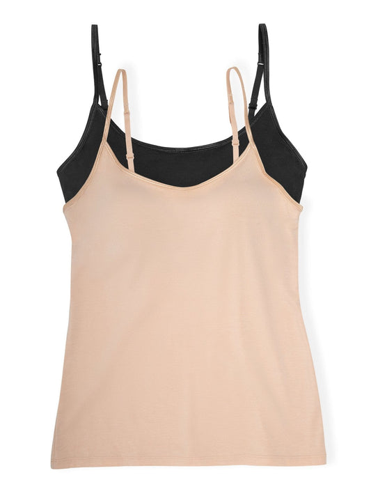 Felina So Smooth Modal Cami  Top w/ Built In Shelf Bra 2-Pack - Black Warm Neutral