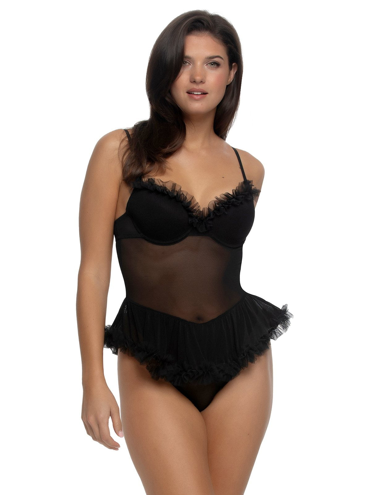 Felina Jezebel by Felina Veil Tulle & Mesh Ruffle Teddy - Black