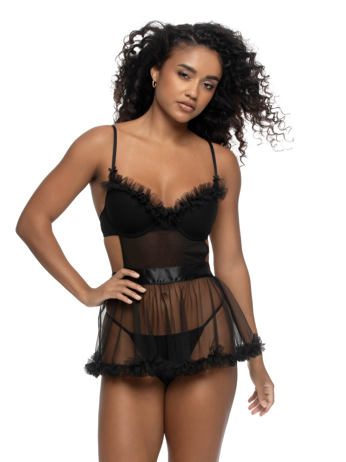 Felina Jezebel by Felina Veil Tulle & Mesh Ruffle Apron - Black